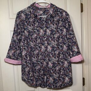 Allison Daley | Navy Floral 3/4 Sleeve Blouse with Pink Stripe Cuffs - Size 16
